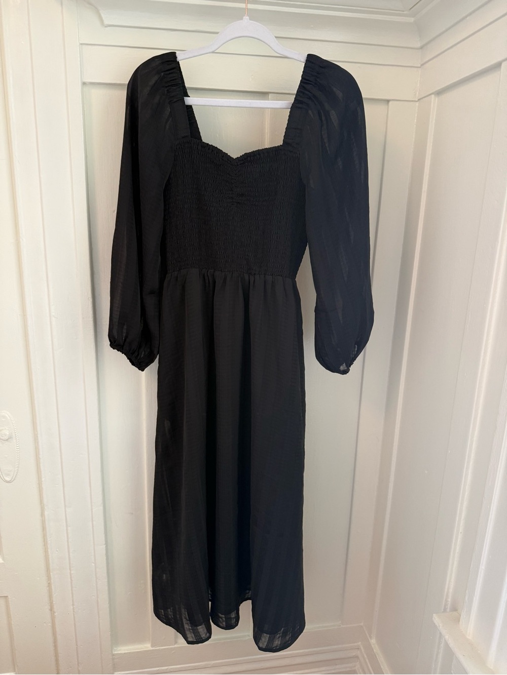 Madewell Black Smocked Midi Dress with Puff Sleeves